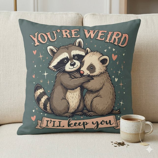 Coussin Raton laveur mignon et furet s'étreignent avec une (Cute Raccoon and Ferret Hug with Funny Quote Throw Pillow Mockup A)