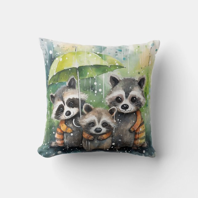 Coussin Raton laveurs mignons sous la pluie (Recto)