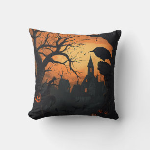 Coussin Raven Village hanté Halloween Orange Noir