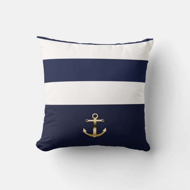 Coussin Rayure Bleue & Blanche Ancre Dorée Chic Naval (Recto)
