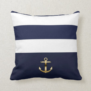 Coussin Rayure Bleue & Blanche Ancre Dorée Chic Naval