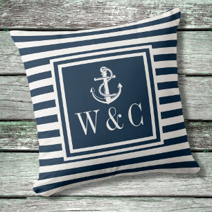 Coussin Rayure Bleue Marine Ancre Nautione Monogramme