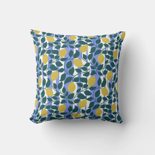 Coussin Rayure de citron et de feuille bleue botanique d'é (Recto)