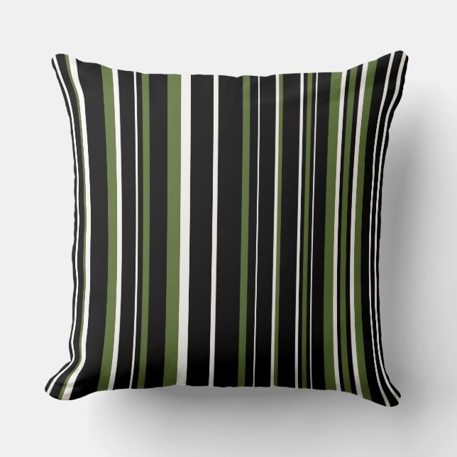 Coussin Rayure de code-barres noir, vert olive et blanc (Recto)