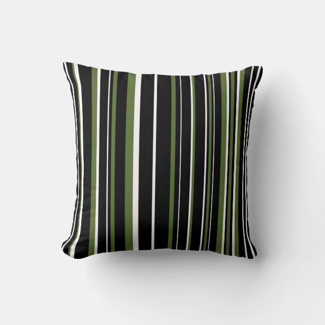 Coussin Rayure de code-barres noir, vert olive et blanc (Recto)
