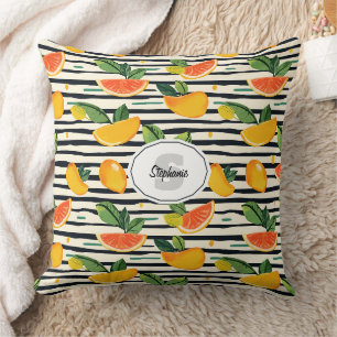 Coussin Rayure de fruit tropical jaune orange rose et vert