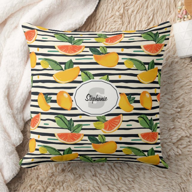 Coussin Rayure de fruit tropical jaune orange rose et vert (Couverture)