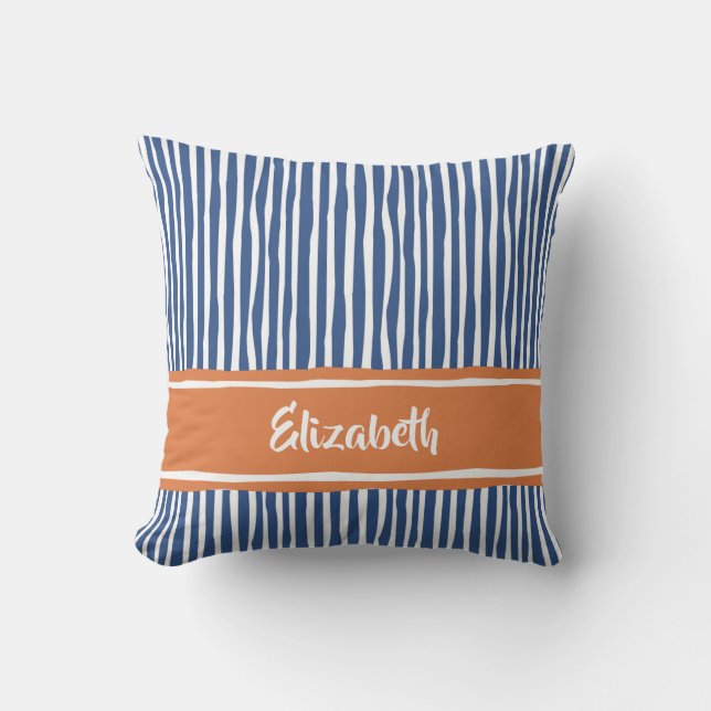 Coussin Rayure dessinée à la main bleu orange Nom (Recto)
