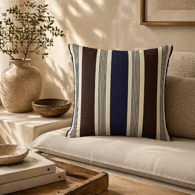 Coussin Rayure Élégante de Style Cabane Bleu Marine Brun  (Créateur téléchargé)