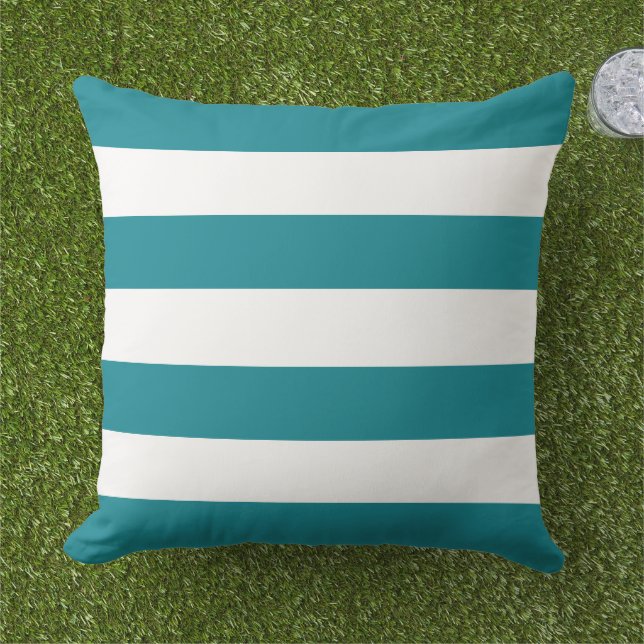Coussin Rayure horizontale large sarcelle classique blanc (Herbe)