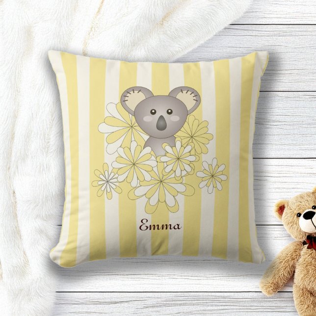 Coussin Rayure jaune mignon bébé ours koala chambre d'enfa (Créateur téléchargé)