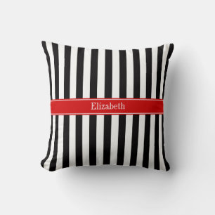 Coussin Rayure Noir Blanc Ruban Rouge Nom Monogramme