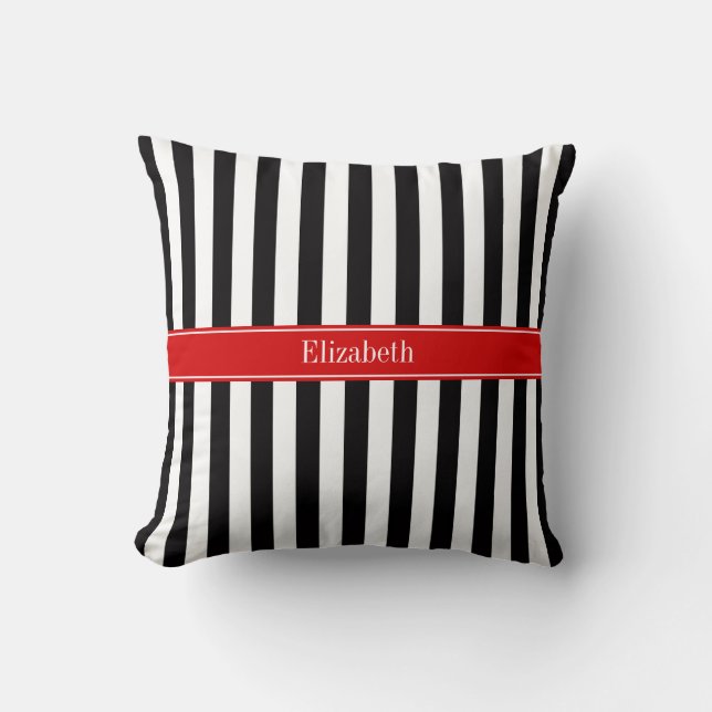 Coussin Rayure Noir Blanc Ruban Rouge Nom Monogramme (Recto)