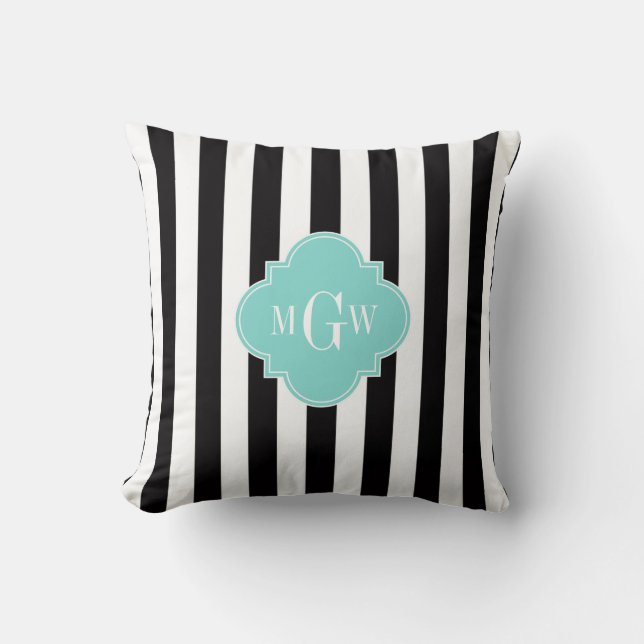 Coussin Rayure Noir Blanc Turquoise Quatrefeuille 3 Monogr (Recto)
