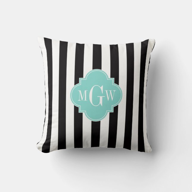 Coussin Rayure Noir Blanc Turquoise Quatrefeuille 3 Monogr (Recto)