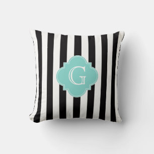 Coussin Rayure Noir Blanc Turquoise Quatrefeuille Monogram