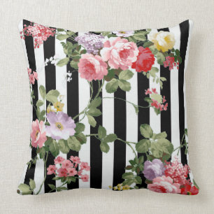 Coussin Rayure noire florale d'aquarelle classique