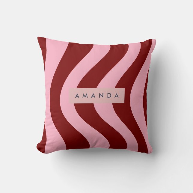 Coussin Rayure ondulée personnalisée rouge cerise et rose (Recto)