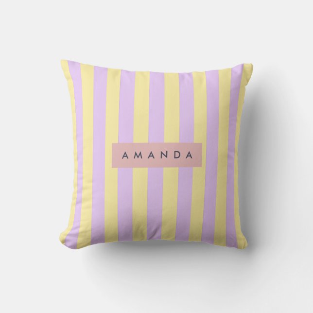 Coussin Rayure Pastel Personnalisée Jaune et Lilas (Recto)