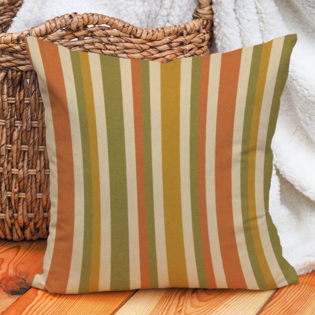 Coussin Rayure Rétro Orange Or Olive Rouille Terre (Retro boho striped earth tone pillow)