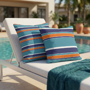 Coussin Rayure réversible bleu sarcelle vert orange blanc