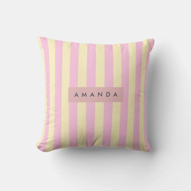 Coussin Rayure rose pastel et jaune personnalisée (Recto)