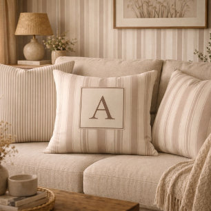 Coussin Rayure rustique initiale beige et taupe de ferme