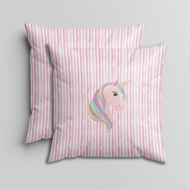 Coussin Rayures aquarelles roses et blanches avec licorne  (Créateur téléchargé)