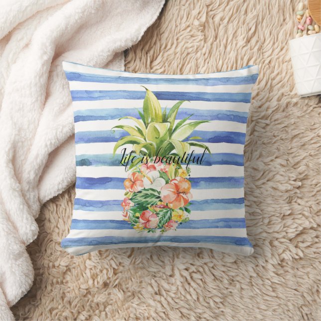 Coussin Rayures Blanches Bleues Fleur Tropicale Ananas (Couverture)