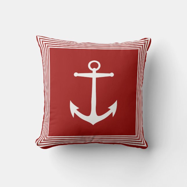 Coussin Rayures blanches nautiques Ancre et rouge côtier (Recto)