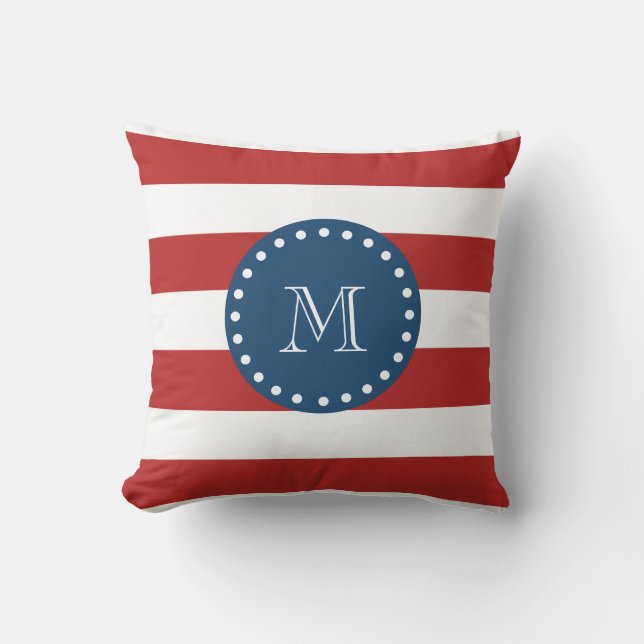 Coussin Rayures blanches rouges motif, monogramme de bleu (Recto)