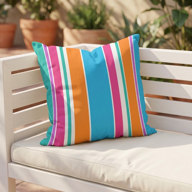 Coussin Rayures bleu ciel rose chaud orange blanc amusant (Créateur téléchargé)