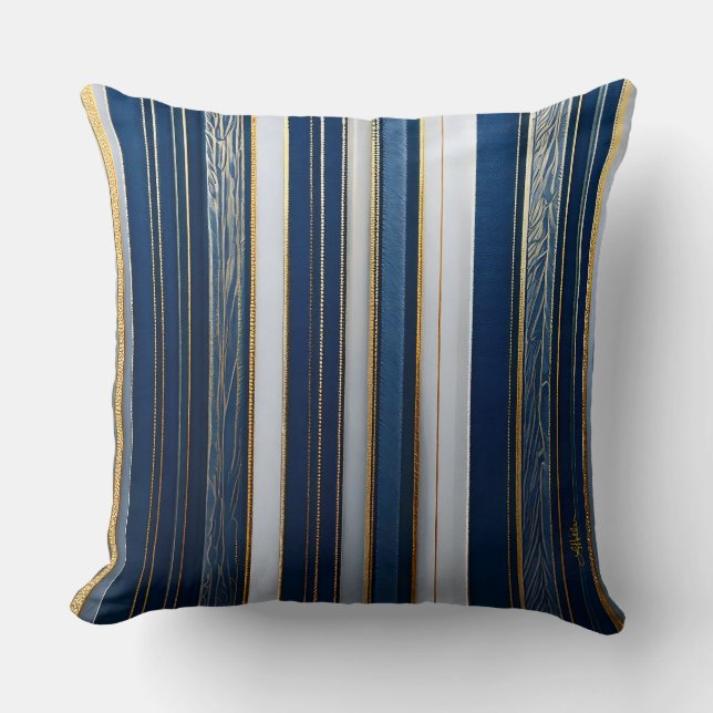 Coussin Rayures Bleues Blanches Or pour le Blues de Noël (Recto)