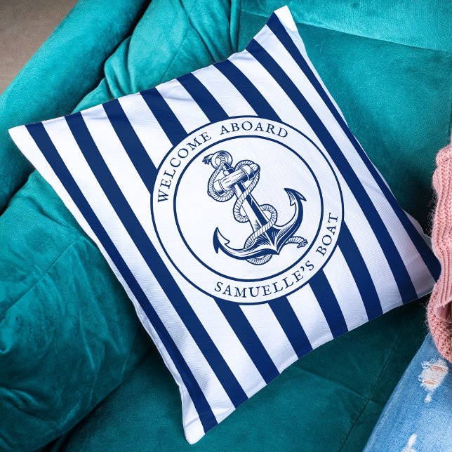Coussin Rayures Bleues de Marine Nom de Bateau Marin Corde (Créateur téléchargé)