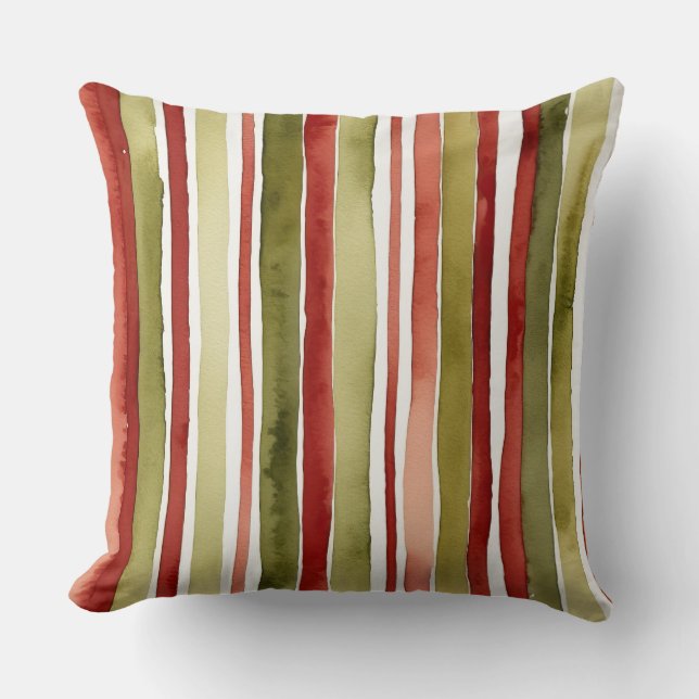 Coussin rayures d'aquarelle vert olive, blanc et rouge (Recto)
