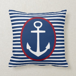 Coussin Rayures de bleu marine et de blanc avec l'Ancre