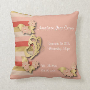 Coussin Rayures de corail et d'or avec des papillons pour