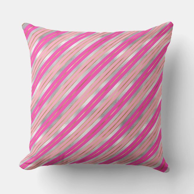 Coussin Rayures de Noël en feuille d'or et d'argent roses  (Recto)