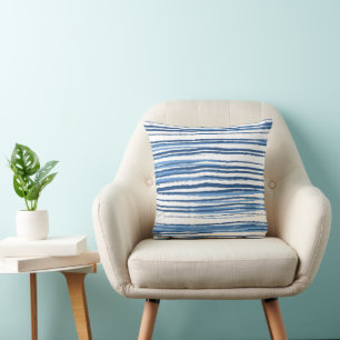 Coussin Rayures de plage bleues et blanches modernes côtiè