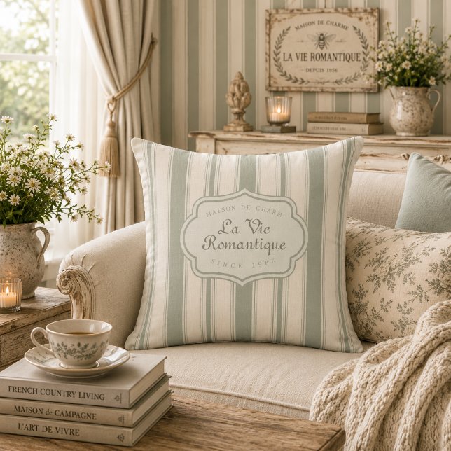Coussin Rayures de Sauge Subtile de Style Campagnard Franç (Créateur téléchargé)
