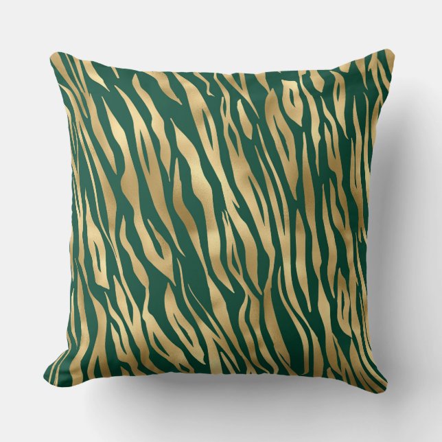 Coussin Rayures de tigre sauvage vert et or élégantes Safa (Recto)