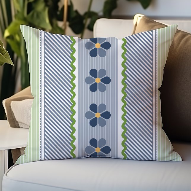 Coussin Rayures diagonales florales bleues et vertes (Créateur téléchargé)