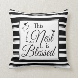 Coussin Rayures et oiseaux noirs et blancs bénis de nid