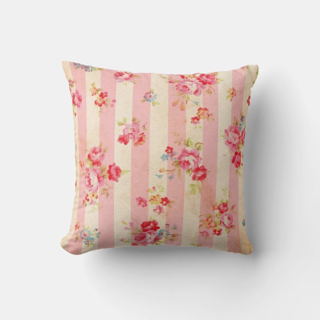 Coussin Rayures et roses roses vintages chics minables (Recto)