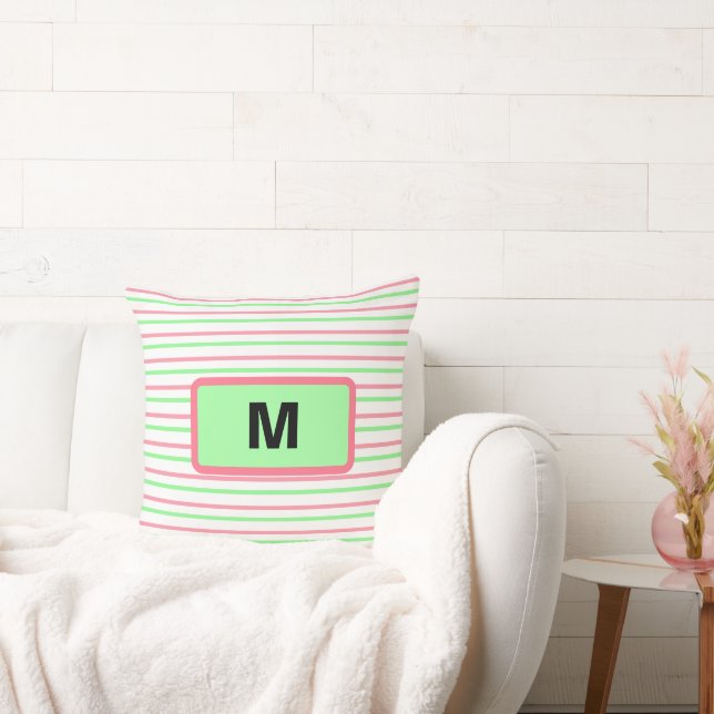 Coussin Rayures géométriques de monogramme rose vert blanc (Canapé)