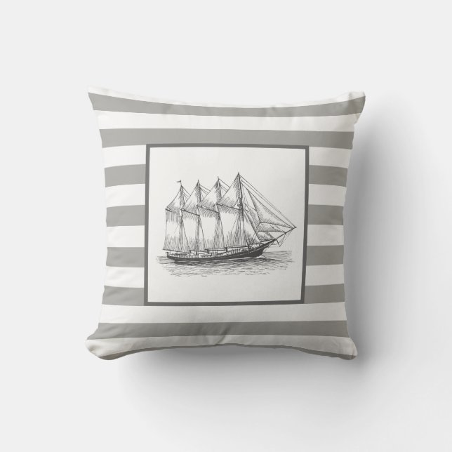 Coussin Rayures grises nautiques et vieux gréement (Recto)
