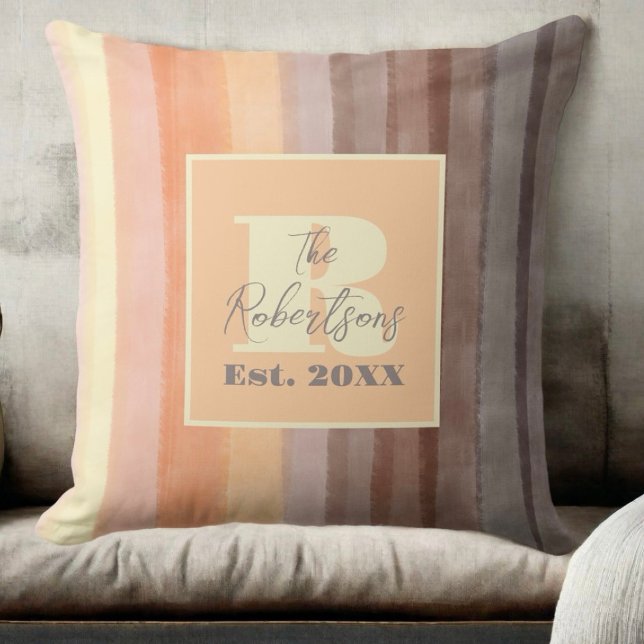Coussin Rayures jaune orange marron aquarelle Monogramme (Créateur téléchargé)