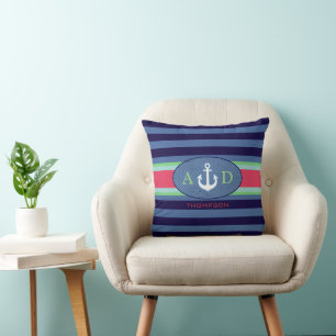 Coussin rayures marines, ancre et initiales, nautique pers