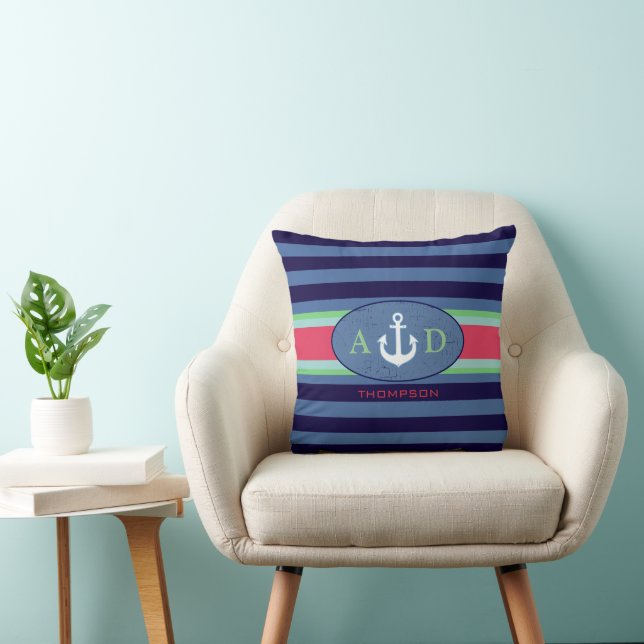 Coussin rayures marines, ancre et initiales, nautique pers (Chaise)