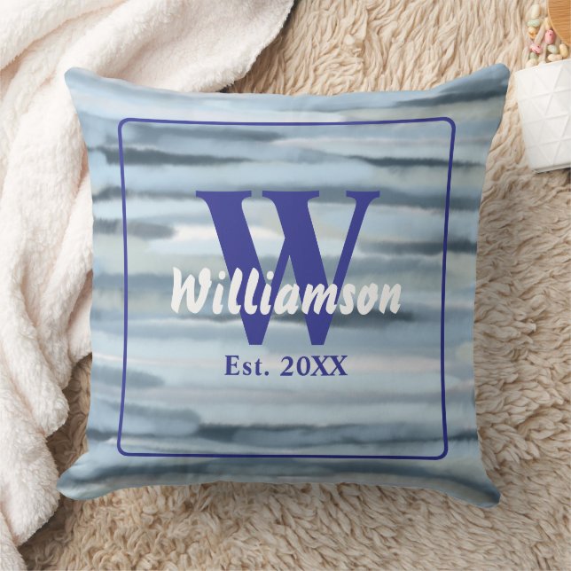 Coussin Rayures nautiques bleu gris aquarelle monogramme (Couverture)